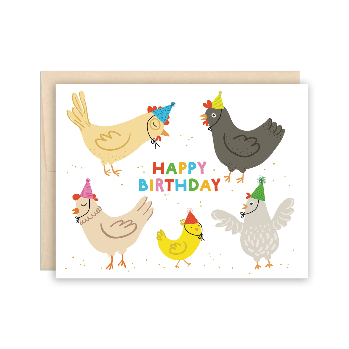 Birthday card with cartoon chickens wearing party hats on a white background
