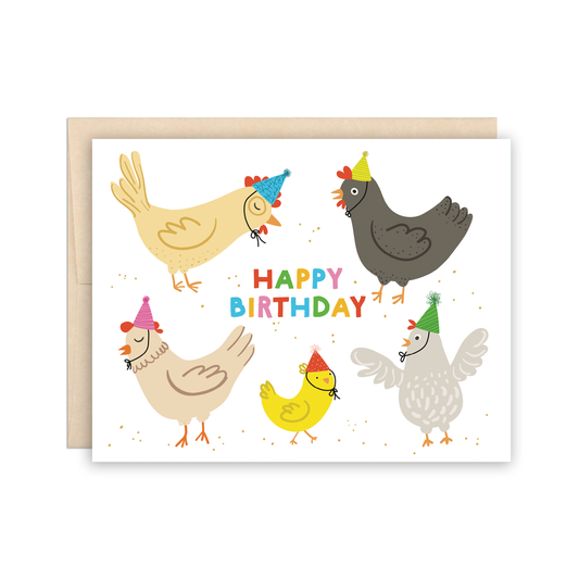 Birthday card with cartoon chickens wearing party hats on a white background